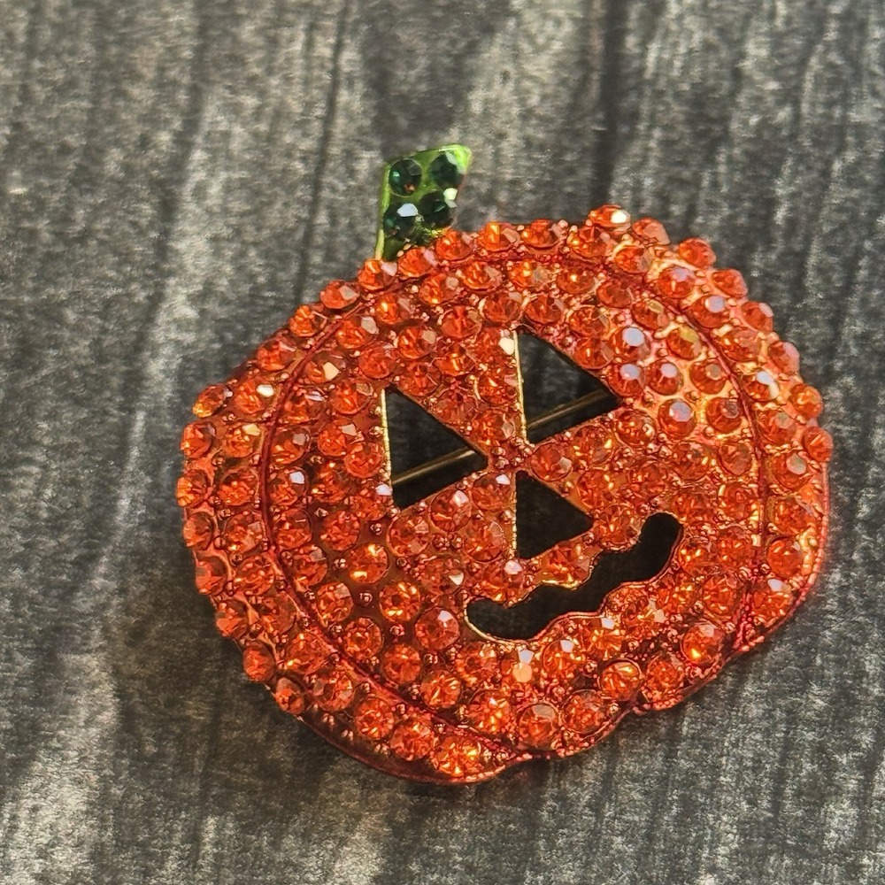 Orange Rhinestone Jack O Lantern Pumpkin Brooch Pin Halloween Costume Jewelry
